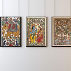 Ram Sita Madhubani Art set of 3, Indian Folk Painting, Peacock artwork, Elephant print,