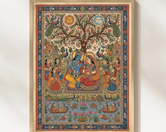 lord Krishna and Radha Pichwai prints, peacock poster, Indian folk art, and Madhubani artwork
