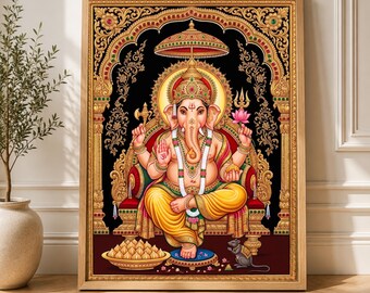 Reproduction d'art de Ganesh, décoration de salle de prière, art indien, peinture de Tanjore