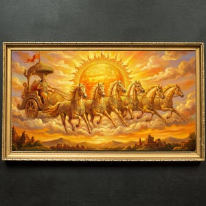 May include: A framed painting depicts a golden chariot pulled by six horses, racing across a sunset sky. A figure sits in the chariot, beneath a large sun. The artwork is set in a gold frame.