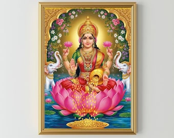 Goddess Lakshmi of Wealth and Prosperity, Hindu God, Spiritual Poster, Pooja Room Decor