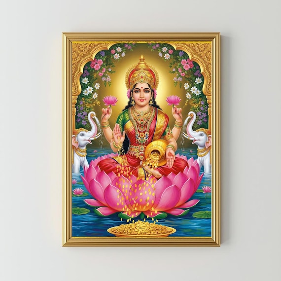 Goddess Lakshmi of Wealth and Prosperity, Hindu God, Spiritual Poster, Pooja Room Decor