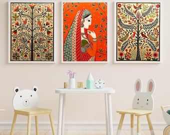 Madhubani Painting, Indian Folk Art, Woman Print, Traditional Artwork, Ethnic Boho Wall Decor