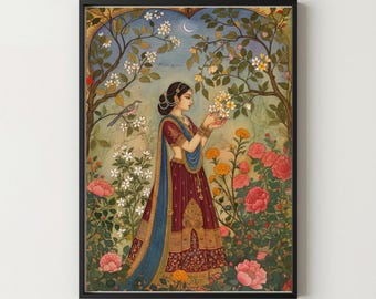 Mughal Gartendruck, Vintage Desi-Kunst, Wandbild im Madhubani-Stil, indische Frauenkunst