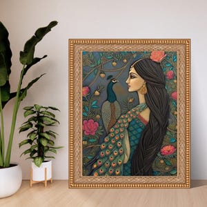 Beautiful Lady in the garden, Indian floral art digital artwork, Printable wall art, traditional Indian art, Indian woman art for decor