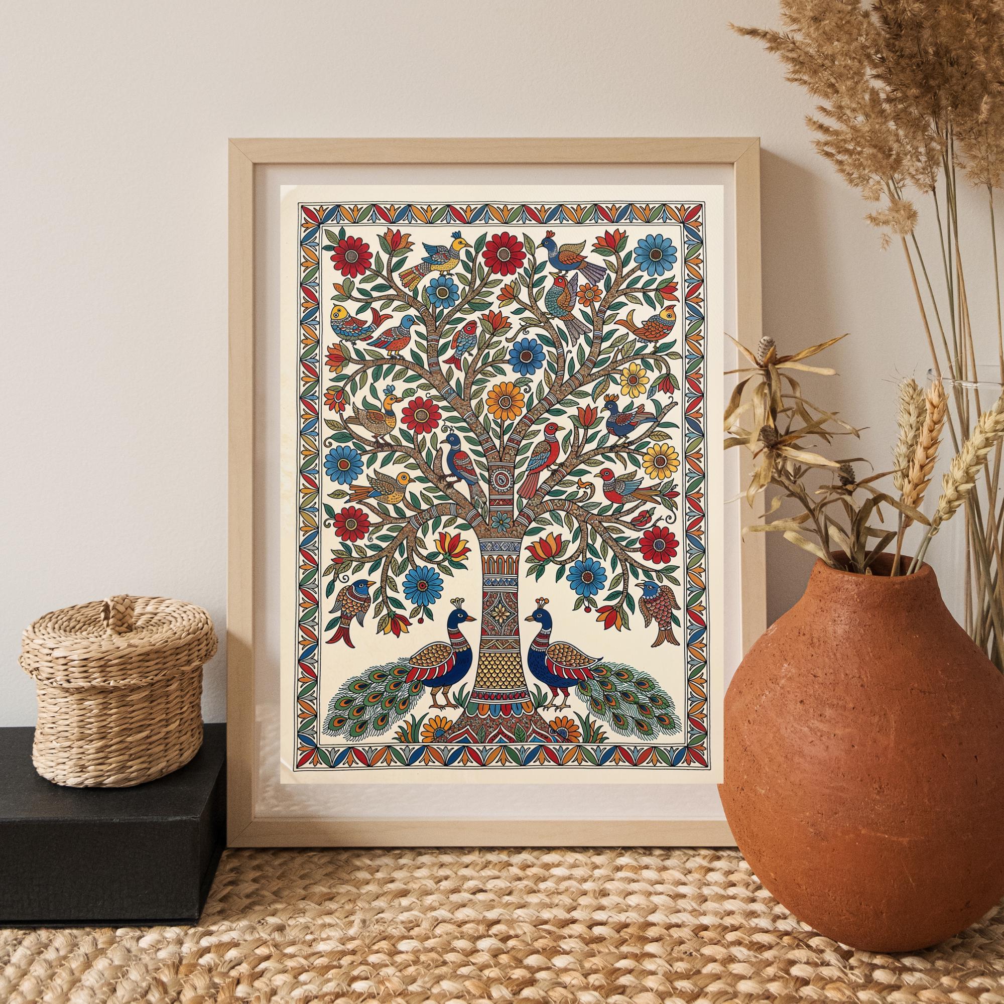 Tree of Life Madhubani Painting, Peacocks Print, Indian Folk Art ...