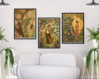 Dame indienne élégante dans l'art de jardin | Décoration murale culturelle traditionnelle | Téléchargement numérique 3:4