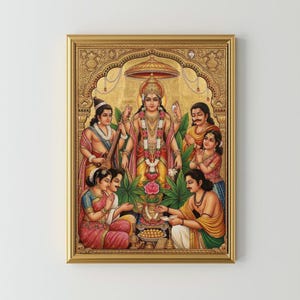 Könnte beinhalten: Ein gerahmtes, kunstvolles Gemälde, das eine zentrale Figur umgeben von mehreren anderen zeigt. Die zentrale Figur trägt Schmuck und eine Krone vor einem goldenen Hintergrund. Das Kunstwerk weist lebendige Farben und komplizierte Details auf.