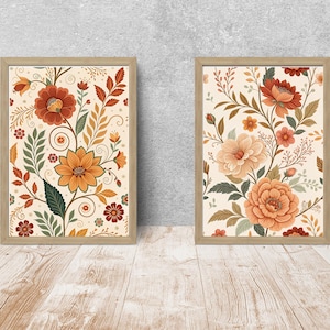 Boho Abstract Flowers Print Set of 2, Terracotta Prints, Floral Wall Art, Vintage Art Print, Boho Printable Art, FOR decor and gift