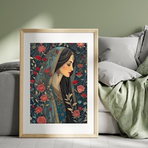 Traditional Indian Lady in the Garden Art set of 5, Woman in Garden | Indian Woman Print | Classic Indian Wall Art, home décor