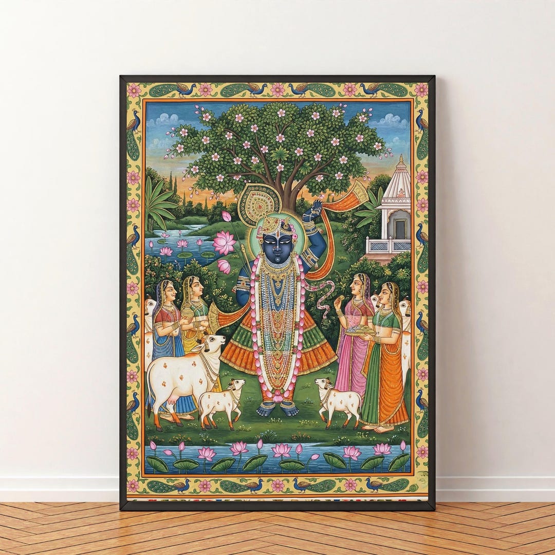 Pichwai Shreenathji Wall Art, Lord Krishna, Hindu God, Cow
