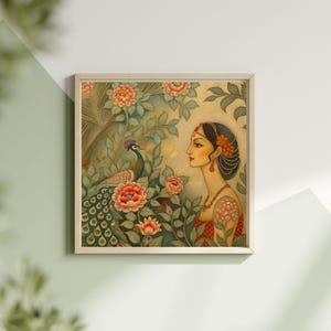 Indian Traditional Lady in the Garden | Digital Wall Art | Cultural Boho Decor | 4600x4600 High-Resolution Download