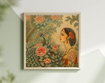 Mujer tradicional india en el jardín / Arte mural digital / Decoración bohemia cultural / Descarga en alta resolución de 4600 x 4600