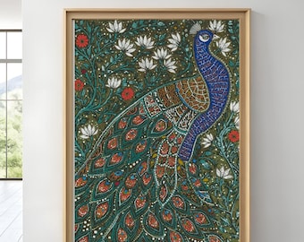 Madhubani Peacock wall print, Indian Folk art, Indian painting, bird prints