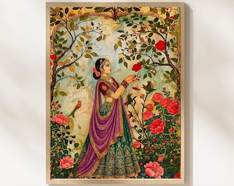 Indische Dame im Garten, Mughal-inspirierte digitale Kunstwerke, Frauenwandkunst, Blumendrucke
