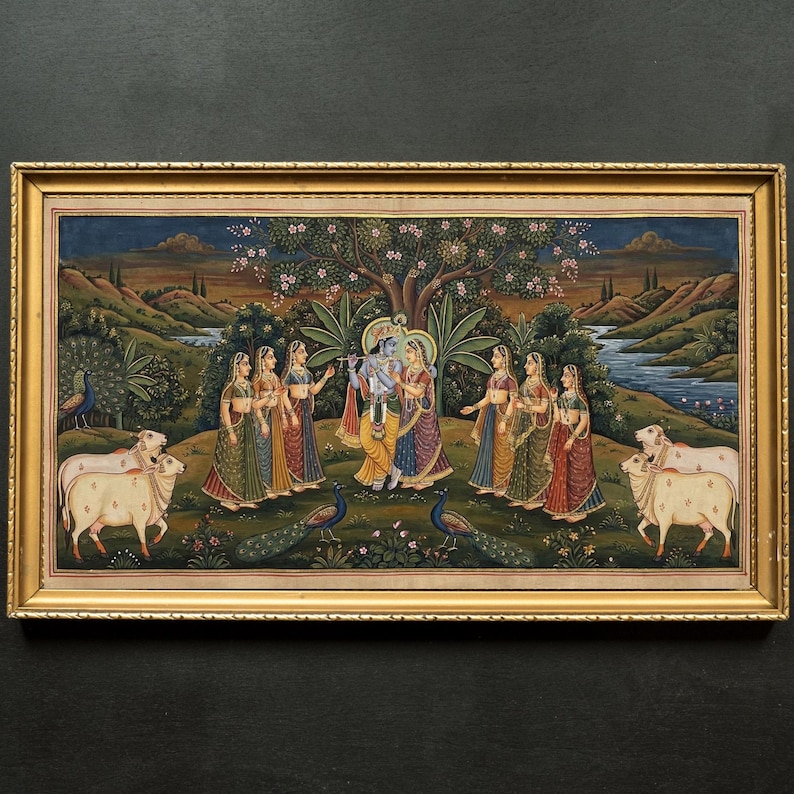 Pichwai Lord Krishna Print, Indian Folk Art, Cows Painting, Hindu God