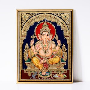 Lord Ganesha Art Print, Hindu God, Spiritual Poster, Indian Artwork, Tanjore Painting