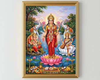 Bogini Lakszmi, bogini bogactwa i dobrobytu, hinduska bogini Saraswati Mata, pan Ganesha