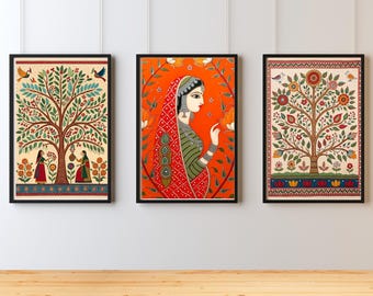 Tree of Life, Madhubani Art, Woman Print, Indian Folk Painting, Boho Wall Decor