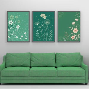 beautiful Gallery Wall Set Of 3 Prints, Green Flowers, Home Decor Flower Prints, Sage Green Poster, Minimalist Wall Art, Digital Prints