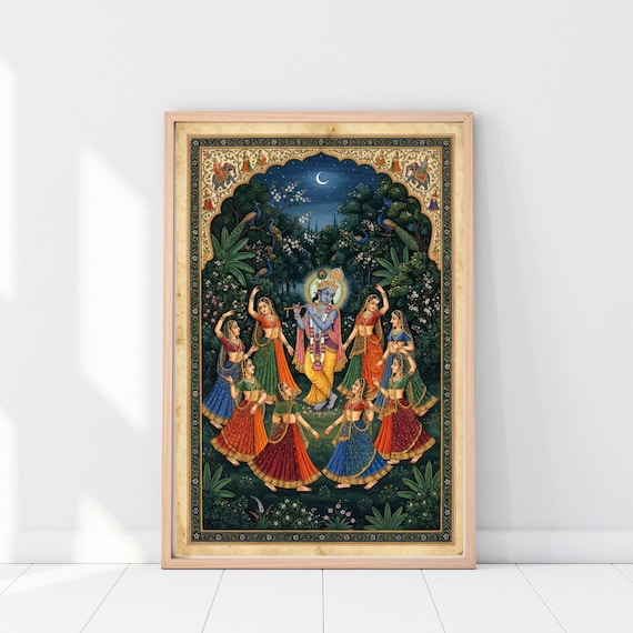 Pichwai Lord Krishna with Flute print, Radha Krishna, Hindu God, Indian Folk Art