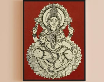 Gravura artística indiana Kalamkari, Deusa Lakshmi, Prosperidade, Riqueza e Decoração para Sala de Oração.