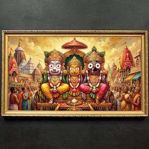 Puede incluir: Pintura enmarcada que representa una procesión religiosa con tres figuras centrales con vestimenta ornamentada, sentadas en un carro. La obra presenta colores vibrantes, arquitectura detallada y una multitud, sobre un cielo dorado.