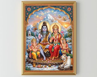 lord Shiva painting, Hindu God Mahadev, Indian wall art, Shiv Shakti Poster, Baby Ganesh