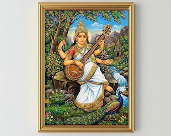 Goddess Saraswati, Saraswati Art, Hindu God, Indian prints, spiritual poster, peacock print