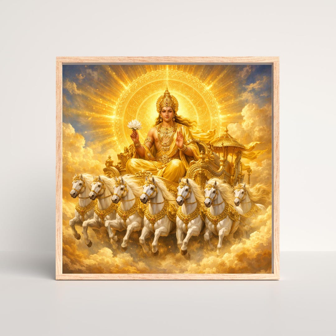 Golden Surya & 7 Horses Painting, Hindu God, Seven Horses, Indian ...