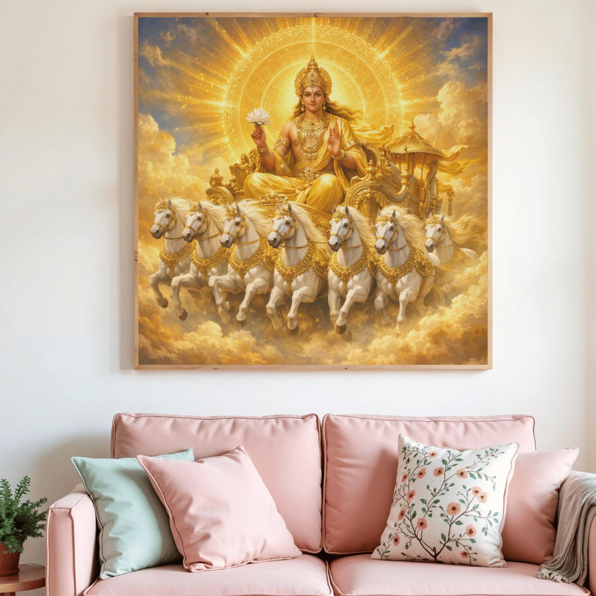 Golden Surya & 7 Horses Painting, Hindu God, Seven Horses, Indian
