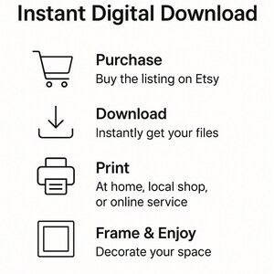 May include: White graphic with the text "Instant Digital Download" and instructions: Purchase, Download, Print, and Frame & Enjoy. Each step includes a corresponding icon: shopping cart, download arrow, printer, and picture frame.