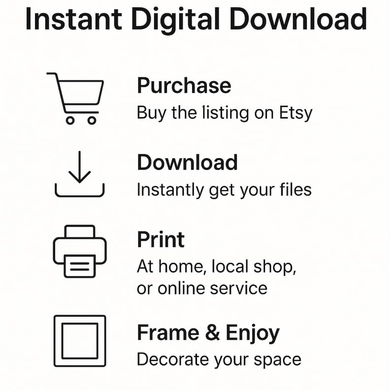 May include: White graphic with the text "Instant Digital Download" and instructions: Purchase, Download, Print, and Frame & Enjoy. Each step includes a corresponding icon: shopping cart, download arrow, printer, and picture frame.