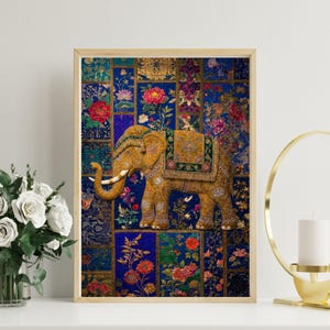 May include: A framed artwork depicting a golden elephant with detailed features, set against a patchwork background of floral patterns in blue, red, and gold. The elephant has detailed tusks and is adorned with decorative elements.
