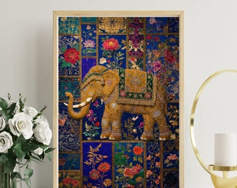 Colorful ornate elephant print and  floral textile tapestry, Indian folk art, patchwork wall hanging,