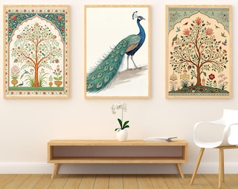 Peacock Wall Art, Indian Mughal print, jaipur Floral Painting, tree of life, Home Decor