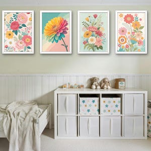 Boho Abstract Flowers Print Set of 4, FLORAL Prints, Floral Wall Art, Vintage Art Print, Boho Printable Art, Flower  Poster for  Home Decor