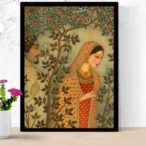 Beautiful Indian Traditional  Lady in the Garden  | Indian Mughal-inspired digital artwork Printable wall art, traditional Indian poster
