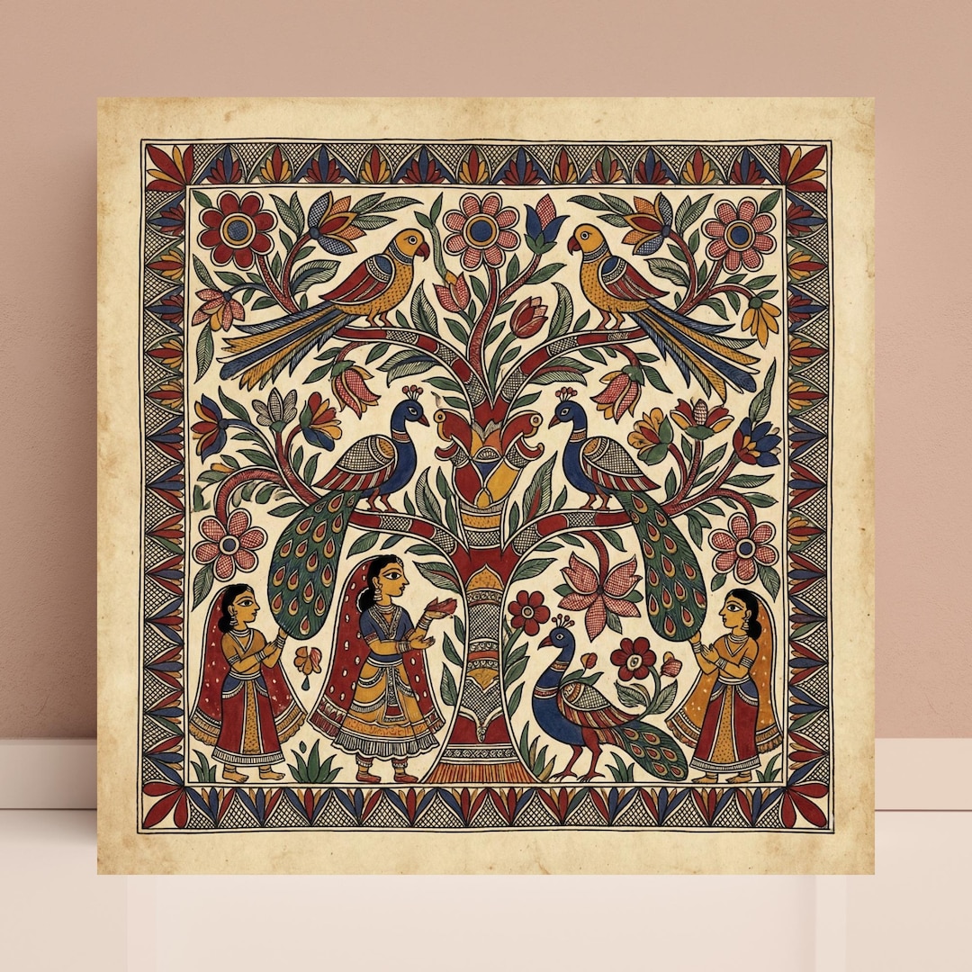 Madhubani Tree of Life Print, Indian Folk Art, Peacock Painting ...