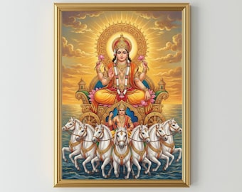 Divine Surya Chariot print, Hindu God art, Sun wall decor, Vedic painting, Spiritual Poster