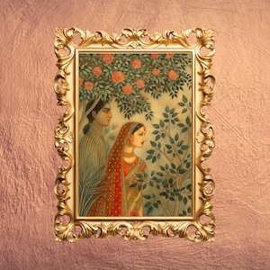 Beautiful Traditional Lady in the Garden | Indian Mughal-inspired digital artwork Printable wall art, traditional Indian poster  for gift