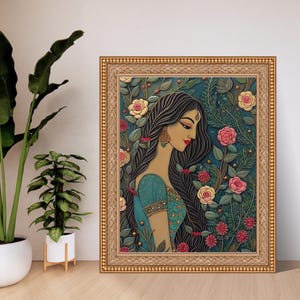Indian Woman in Garden Art Print: Traditional Floral Home Decor (Digital Download)