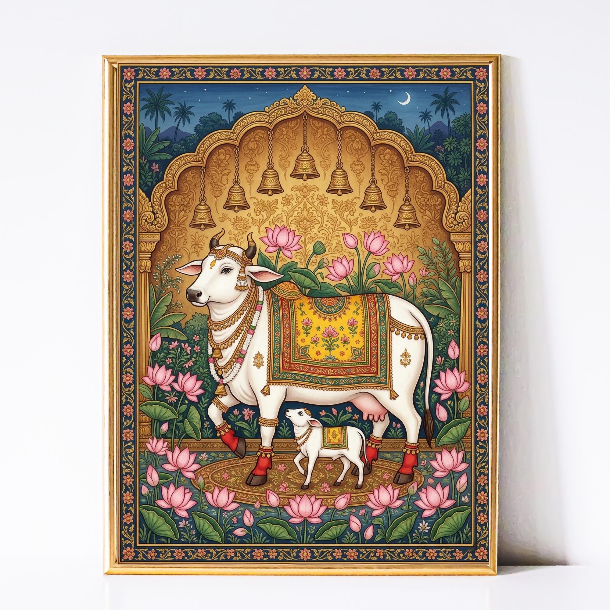 牛のピチワイ画、ヒンドゥー教の神、インドの民芸品、動物のポスター