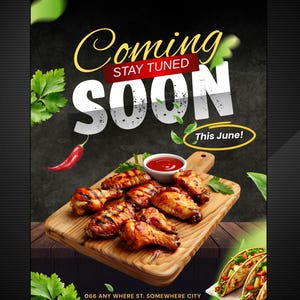 Puede incluir: Un cartel promocional de AR6 Creation Food. El cartel presenta alitas de pollo a la parrilla sobre una tabla de madera con un pequeño cuenco de salsa roja. El texto incluye "Coming Soon" y "This June!" con la dirección y el sitio web de la empresa.