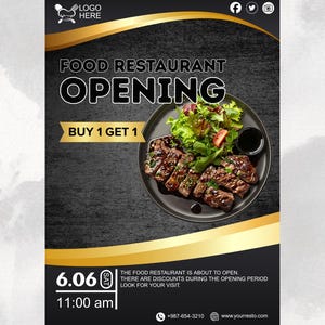 Puede incluir: Un folleto promocional para la apertura de un restaurante. El folleto presenta un fondo negro con detalles dorados y el texto "FOOD RESTAURANT OPENING". Incluye una imagen de un plato de bistec con ensalada y la oferta "BUY 1 GET 1".