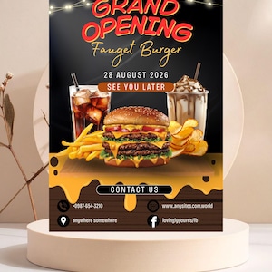 Puede incluir: Un cartel promocional para la gran inauguración de Faucet Burger el 28 de agosto de 2026. El diseño presenta una hamburguesa doble, patatas fritas, patatas chips y bebidas. El cartel incluye el texto "GRAND OPENING" y datos de contacto.