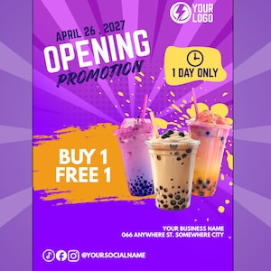 Cartel de inauguración de tienda de té de burbujas / Folleto promocional de apertura / Invitación editable de 2x1 / Plantilla editable de Canva