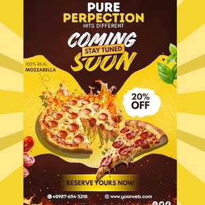 Puede incluir: Un anuncio de pizza con un fondo amarillo y marrón. La imagen presenta una pizza con pepperoni y queso derretido, llamas y el texto "PURE PERFECTION" y "COMING SOON". También incluye una promoción del 20% de descuento.