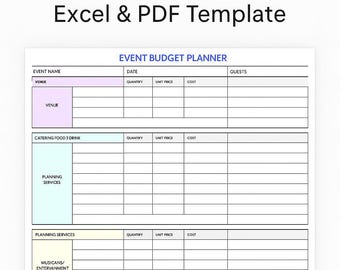 イベント予算プランナー Excel PDF | 結婚式パーティーと会議の予算シート | 編集可能で印刷可能なオーガナイザー