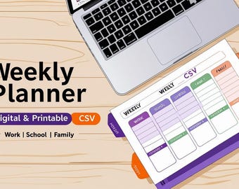印刷可能な週間プランナーCSV | 仕事、学校、家族向けの編集可能なデジタルオーガナイザー | Excelとスプレッドシートの生産性スケジュールテンプレート